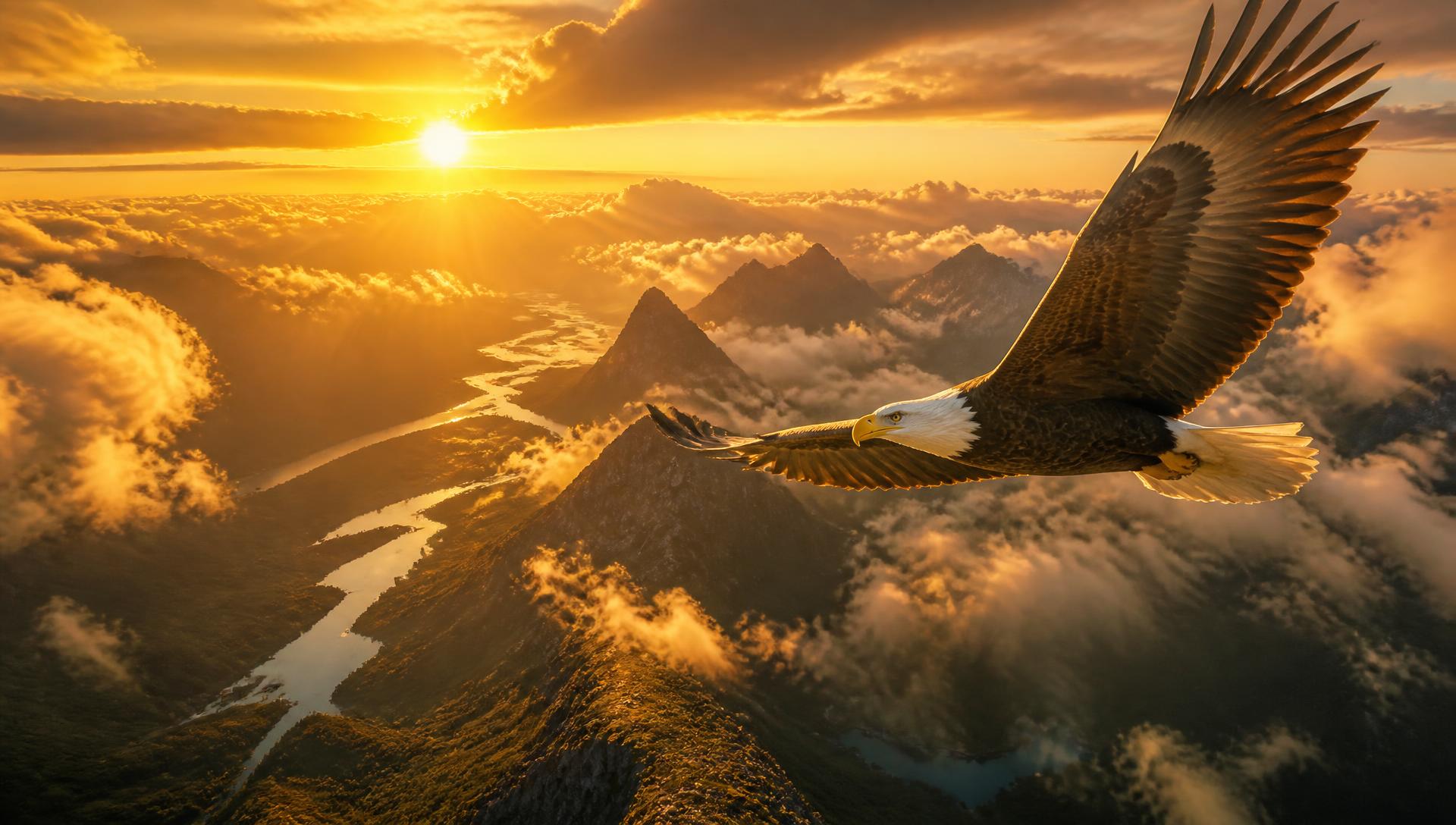 Eagle soaring at sunrise representing freedom and purpose
